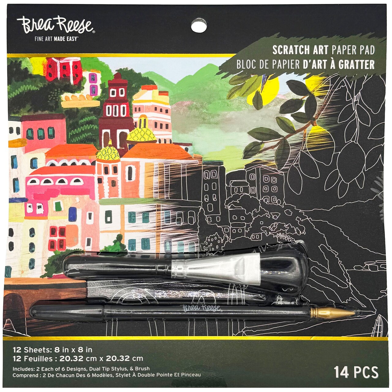 Brea Reese: Scratch Art Paper Pad - Joyful Landscapes - 6 Designs, Metallic Guided Art, Dual-Tip Stylus & Brush, 12 Easy-to-Frame 8x8"pgs, Adult Craft